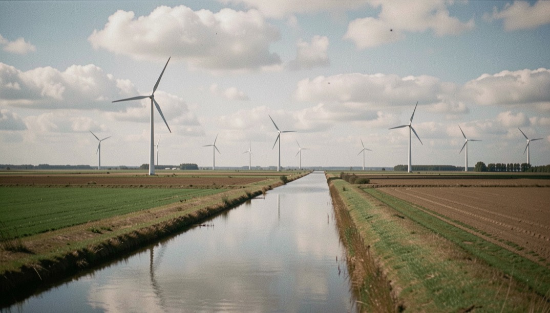 Windturbines in een polderlandschap met een sloot op de voorgrond en drijvende wolken erboven