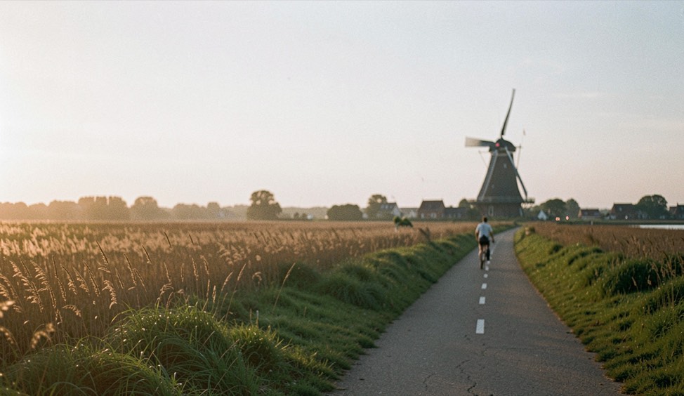 Wandelaar op een dijkpad bij zonsopgang met weiland en molen op de achtergrond, kalme lucht