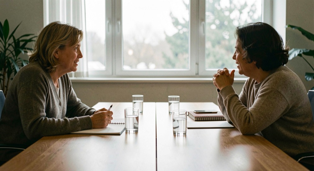 Twee mensen in gesprek aan een vergadertafel bij een raam, met notitieblok en waterglazen tussen hen in