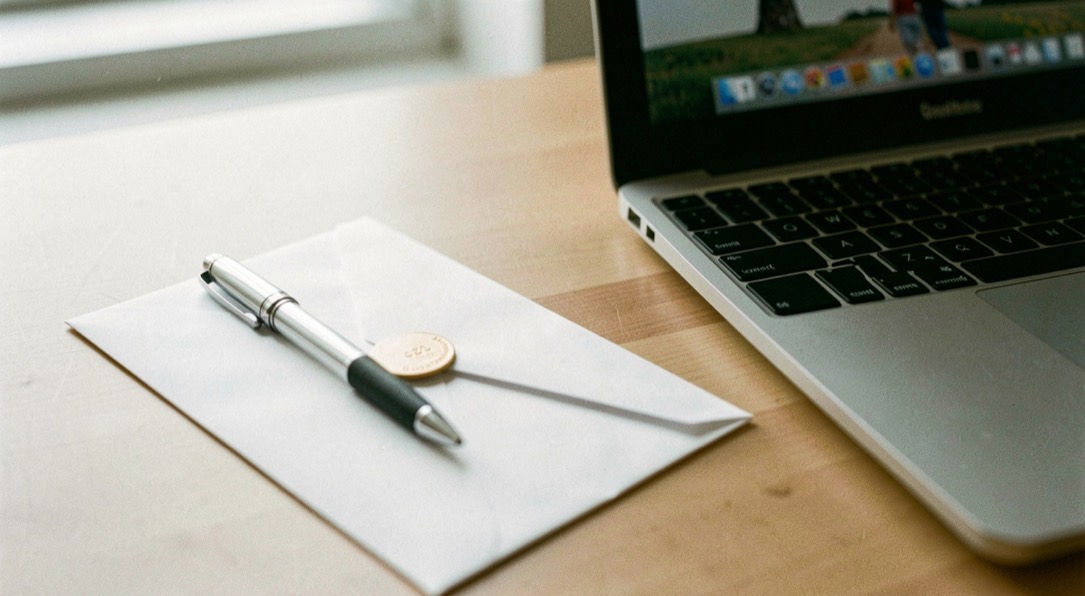 Envelop en een pen op een licht bureaublad naast een laptoptoetsenbord in zacht daglicht