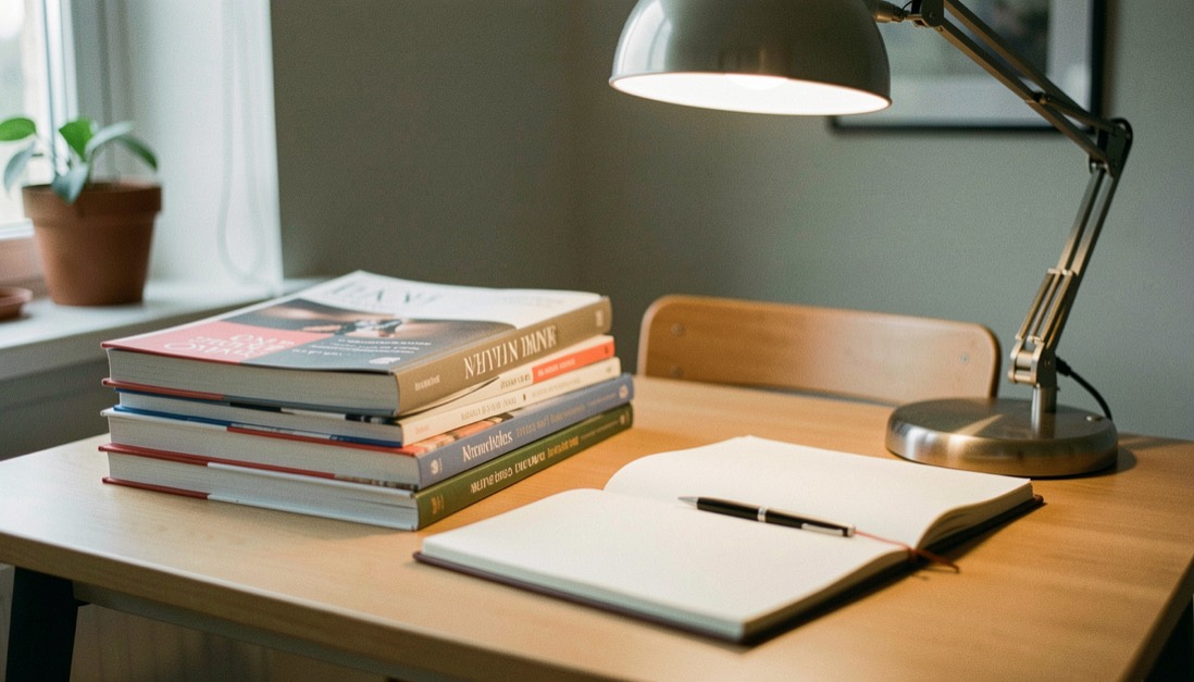 Stapel tijdschriften en een geopend notitieblok op een leestafel met een leeslamp erboven
