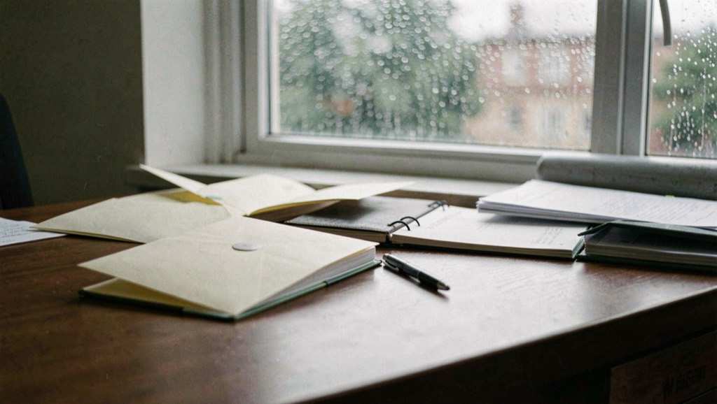 Bureau met geopende enveloppen, een agenda en een pen, met een raam met regendruppels op de achtergrond