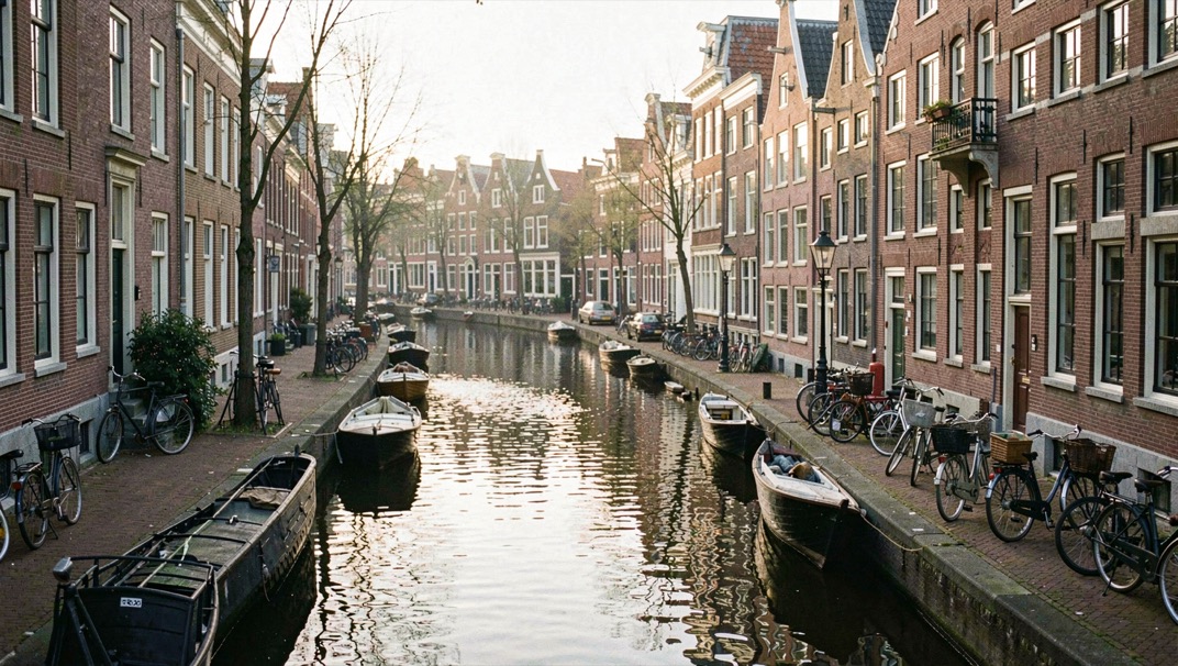 Uitzicht over een Nederlandse stadsgracht met bakstenen gevels en fietsen op de kade bij zacht ochtendlicht
