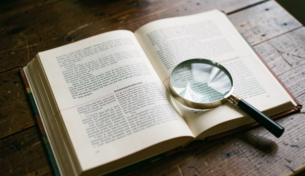 Opengeslagen woordenboek met een leeslint en een vergrootglas op een donker houten tafelblad